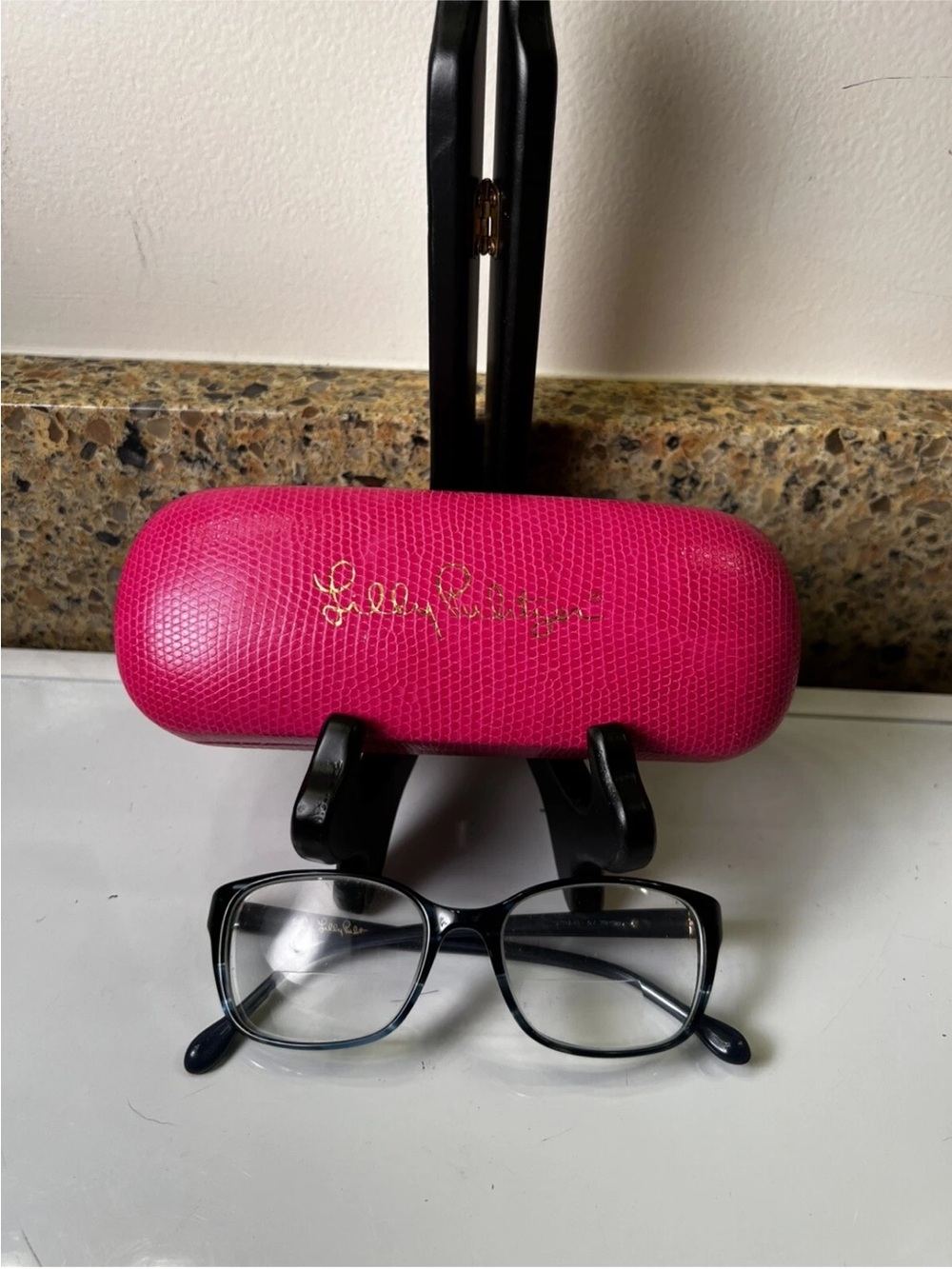 Lilly Pulitzer Hot Pink Eyeglass Case with Women’s Black Glasses Frame